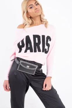 Rebellious Fashion Pink Rib Knit Paris Slogan Jumper - Khylah