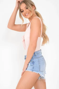 Rebellious Fashion Pink Rib Plunge Tie Front Bodysuit - Ryver