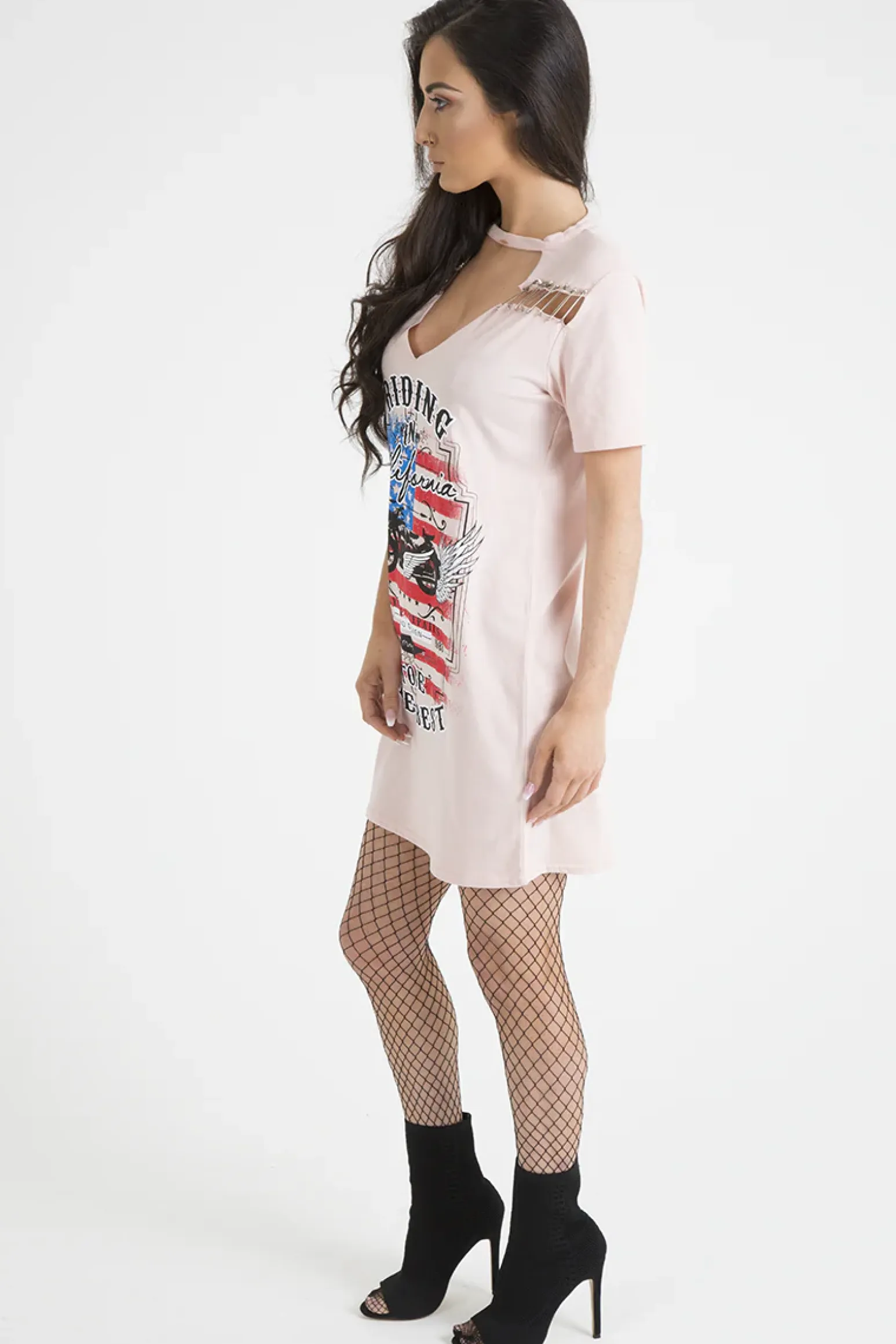 Rebellious Fashion Pink 'Riding In California' Graphic Print Cut Out Pin Detail T-Shirt Dress - Harper