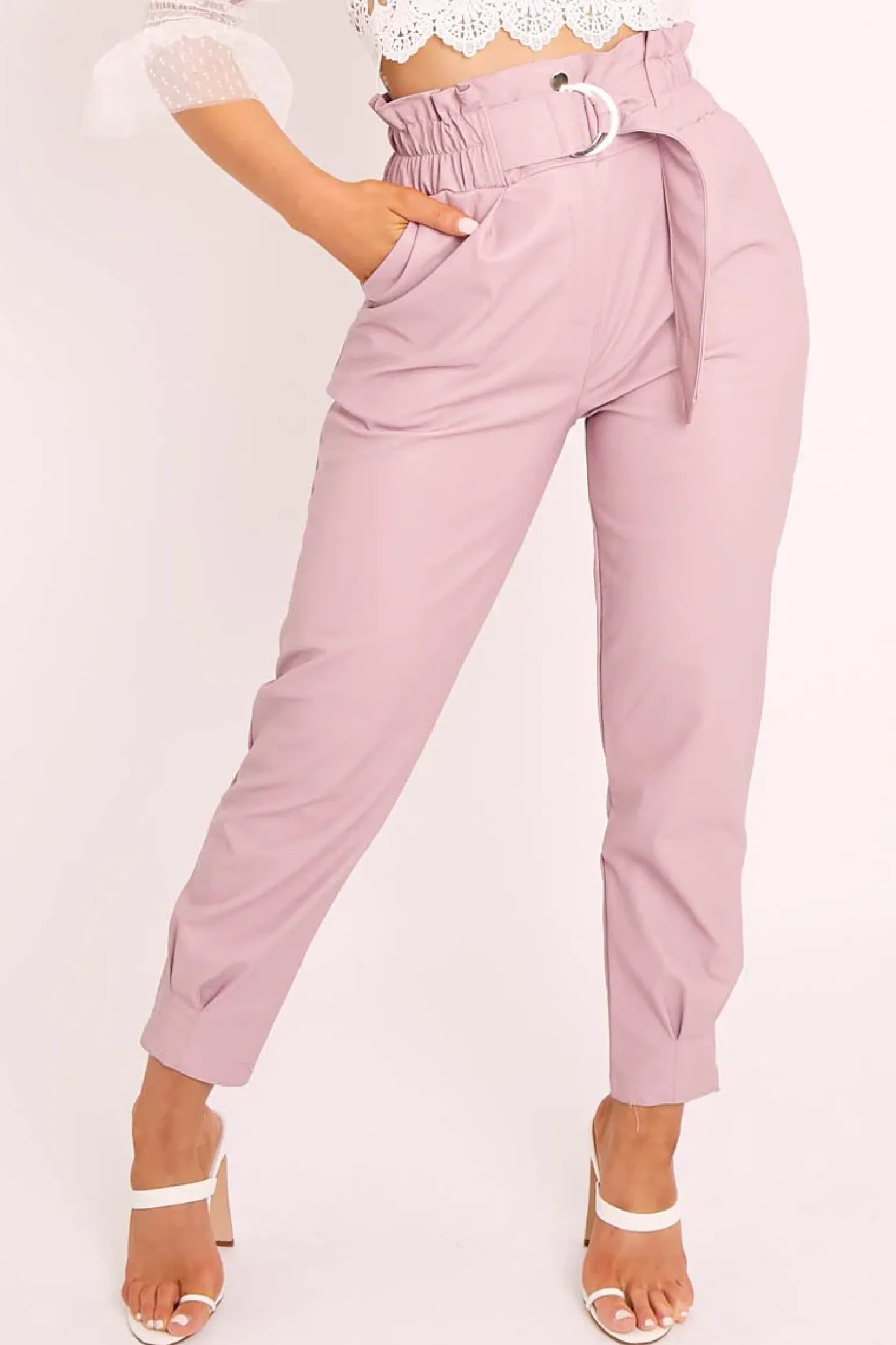 Rebellious Fashion Pink Ring Belt Straight Leg PU Trousers - Jazmine