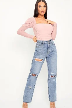 Rebellious Fashion Pink Ruched Body Mesh Sleeve Bodysuit - Raeya
