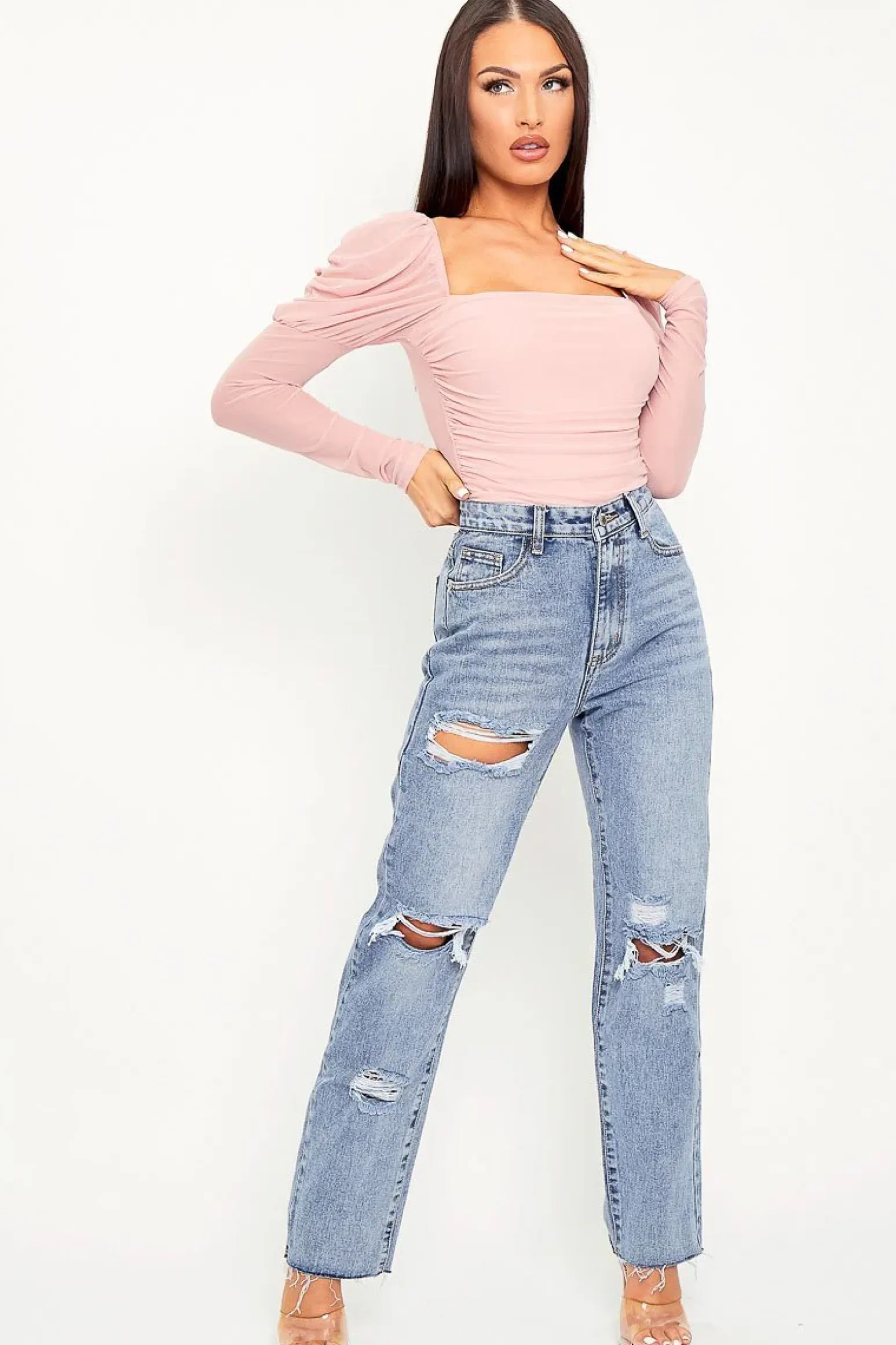 Rebellious Fashion Pink Ruched Body Mesh Sleeve Bodysuit - Raeya
