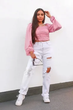 Rebellious Fashion Pink Ruched Square Neckline Crop Top - Hallie