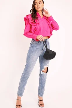 Rebellious Fashion Pink Ruffle Shoulder Cropped Shirt - Fiorella
