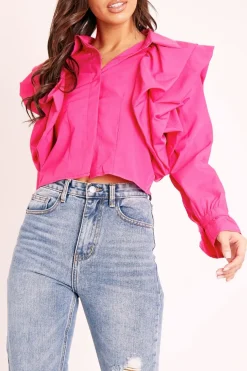 Rebellious Fashion Pink Ruffle Shoulder Cropped Shirt - Fiorella