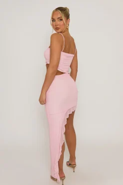 Rebellious Fashion Pink Ruffle Side Split Maxi Dress - Loretta