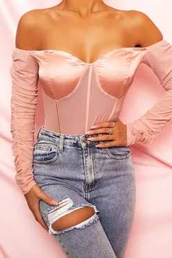 Rebellious Fashion Pink Satin Corset Ruched Arm Bodysuit - Hartlee