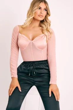 Rebellious Fashion Pink Satin Corset Ruched Arm Bodysuit - Hartlee