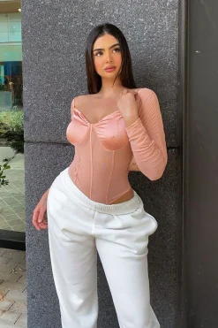 Rebellious Fashion Pink Satin Corset Ruched Arm Bodysuit - Hartlee