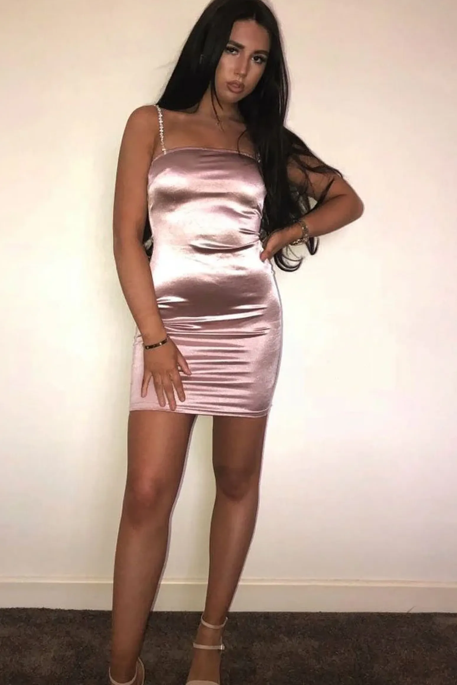 Rebellious Fashion Pink Satin Diamante Strap Dress - Allaya