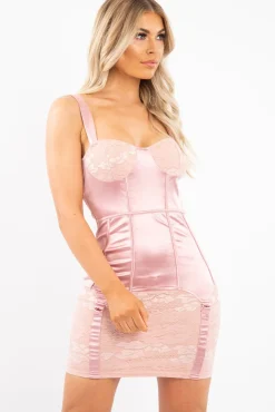 Rebellious Fashion Pink Satin Lace Detail Bodycon Dress - Niani