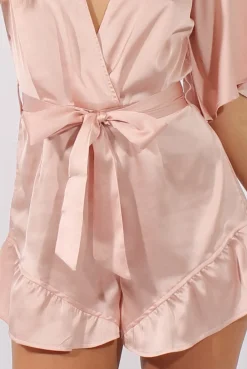 Rebellious Fashion Pink Satin Plunge Flared Sleeve Tied Waist Playsuit - Crystal