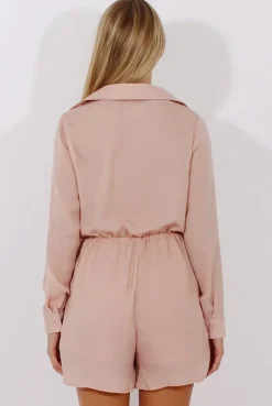 Rebellious Fashion Pink Satin Plunge Knot Playsuit - Candy