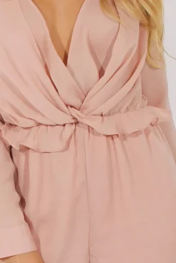Rebellious Fashion Pink Satin Plunge Knot Playsuit - Candy
