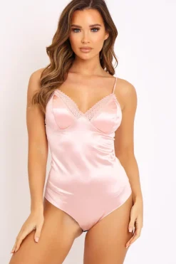 Rebellious Fashion Pink Satin Plunge Lace Detail Bodysuit - Zoie