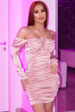 Rebellious Fashion Pink Satin Ruched Lace Front Bodycon Dress - Dania