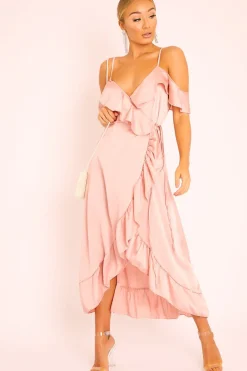 Rebellious Fashion Pink Satin Ruffle Wrap Midi Dress - Eiza