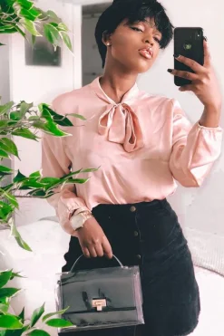 Rebellious Fashion Pink Satin Tie Front Long Sleeve Blouse - Cherie
