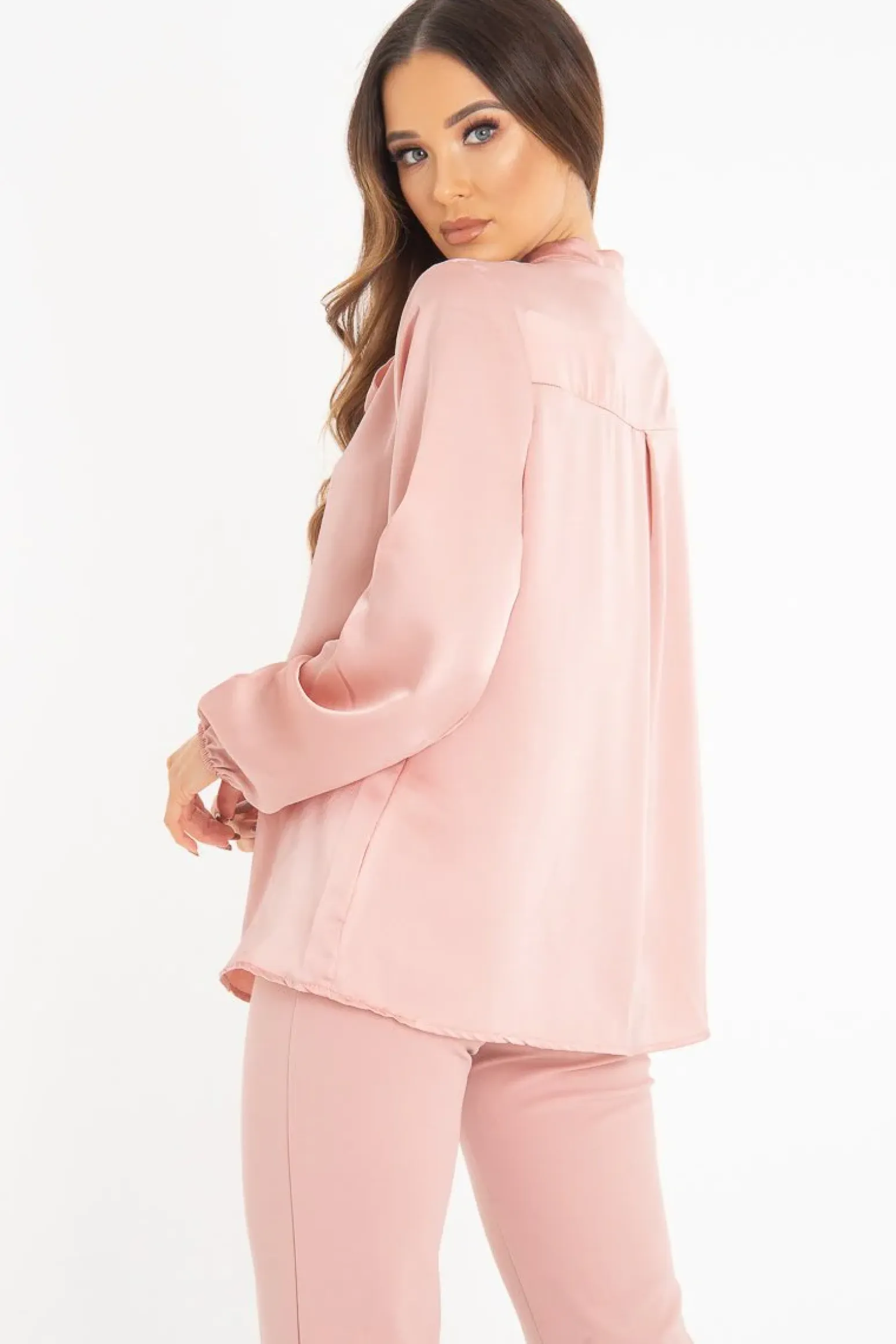 Rebellious Fashion Pink Satin Tie Front Long Sleeve Blouse - Cherie