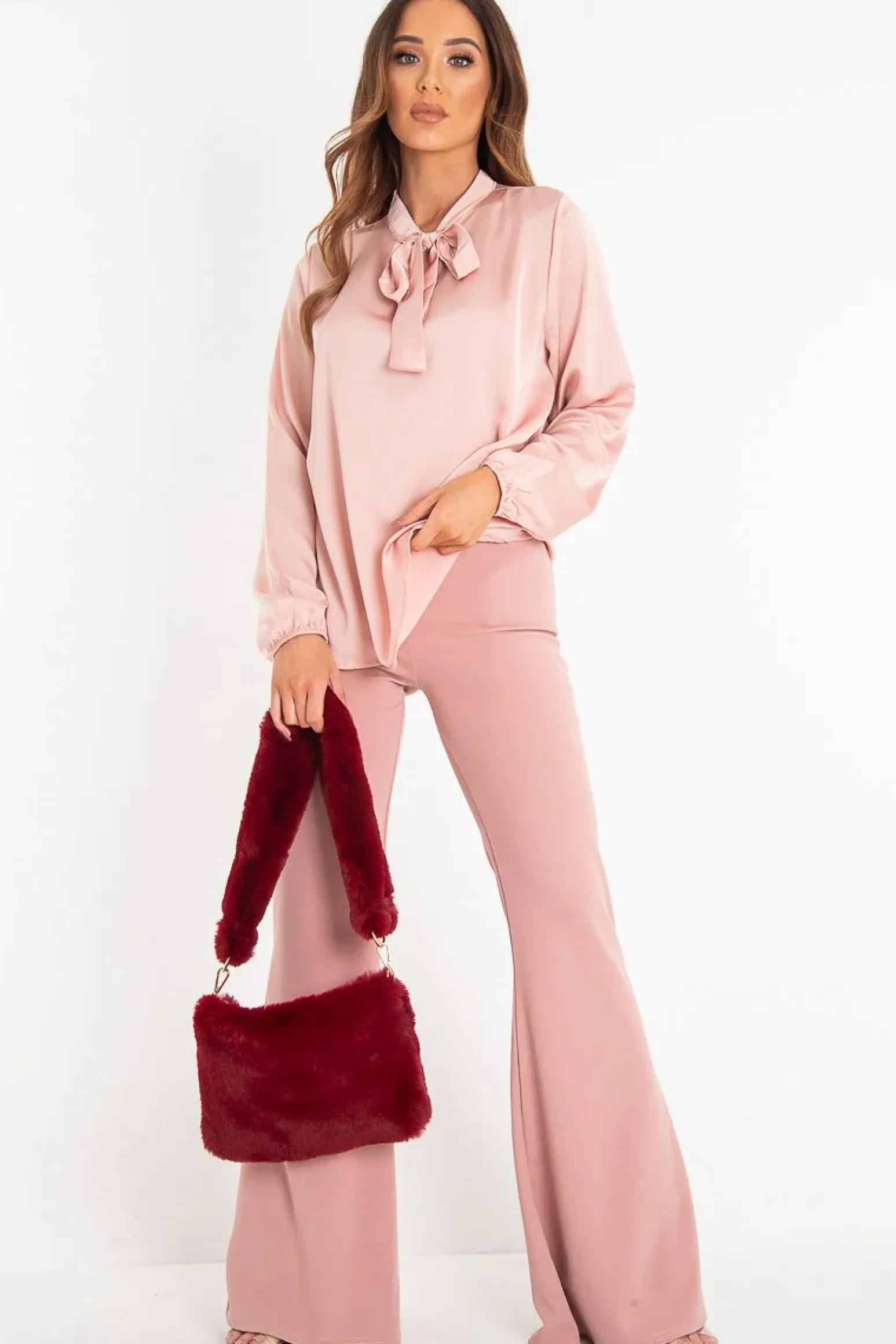 Rebellious Fashion Pink Satin Tie Front Long Sleeve Blouse - Cherie