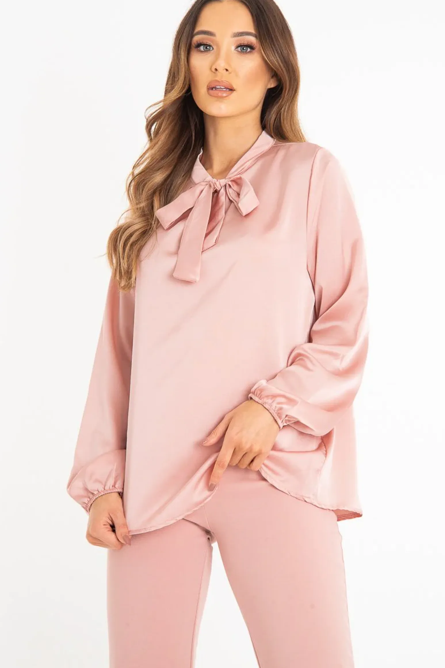 Rebellious Fashion Pink Satin Tie Front Long Sleeve Blouse - Cherie