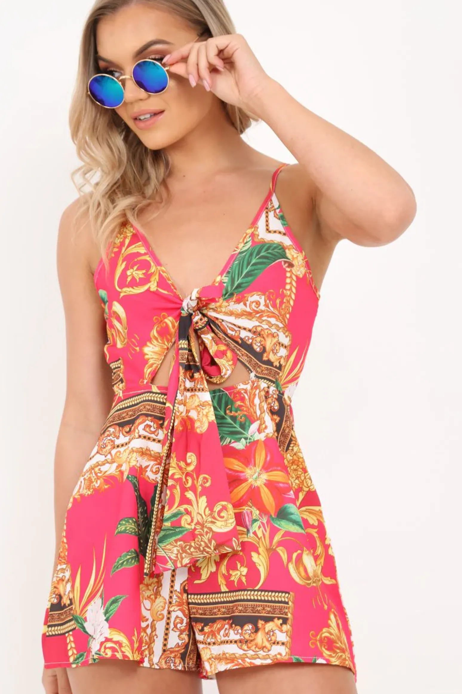 Rebellious Fashion Pink Scarf Print Tie Front Playsuit - Pieper