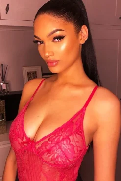 Rebellious Fashion Pink Sheer Lace Bodysuit - Katia
