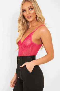 Rebellious Fashion Pink Sheer Lace Bodysuit - Katia