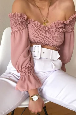 Rebellious Fashion Pink Shirred Wrap Over Bardot Crop Top - Zuri