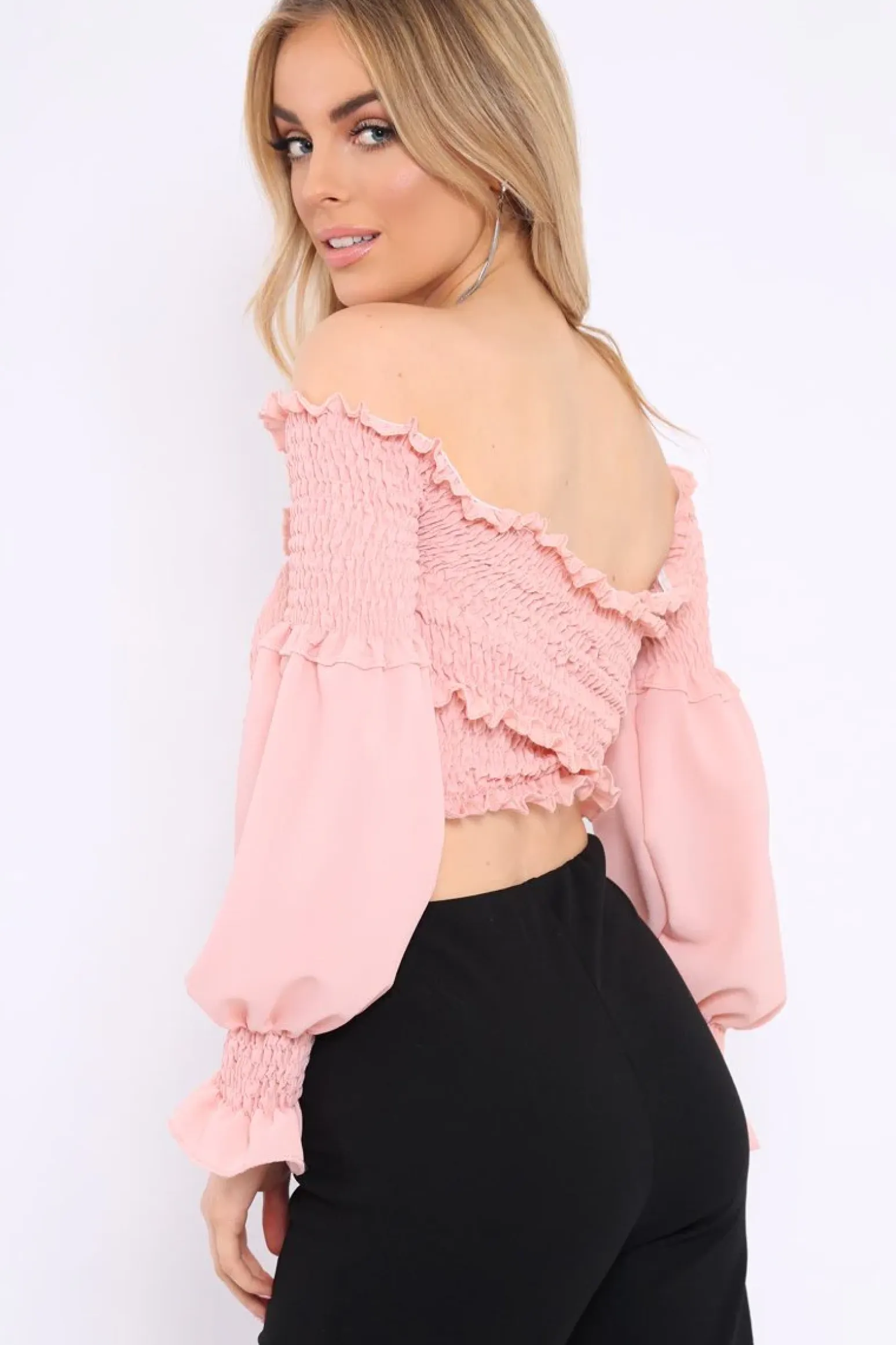 Rebellious Fashion Pink Shirred Wrap Over Bardot Crop Top - Zuri