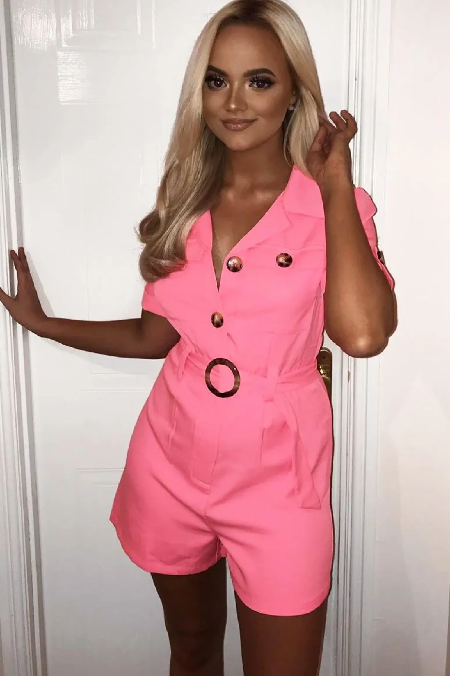 Rebellious Fashion Pink Short Sleeve Button Front Resin Belted Playsuit - Caasi