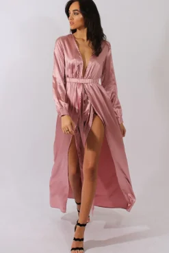 Rebellious Fashion Pink Silk Overlay Bodysuit Maxi Dress - Rochelle