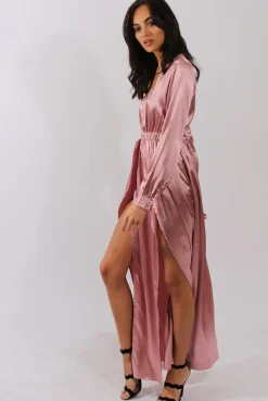 Rebellious Fashion Pink Silk Overlay Bodysuit Maxi Dress - Rochelle