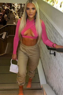 Rebellious Fashion Pink Slinky Cross Front Long Sleeve Crop Top - Tahlia