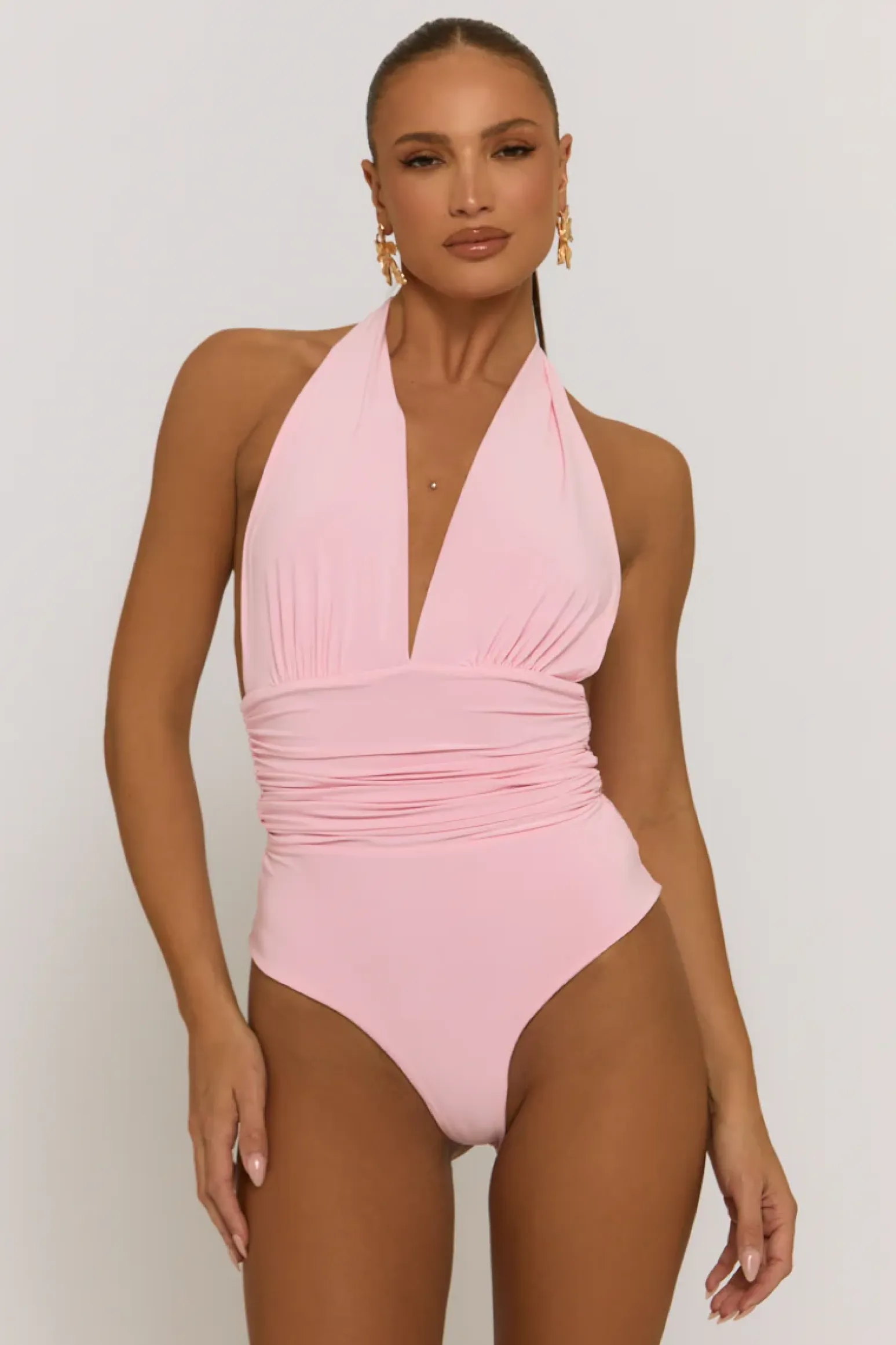 Rebellious Fashion Pink Slinky Plunge Bodysuit - Akari