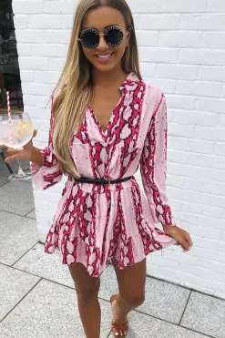 Rebellious Fashion Pink Snake Plunge Tiered Detail Dress - Kaiya