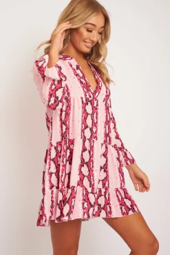 Rebellious Fashion Pink Snake Plunge Tiered Detail Dress - Kaiya