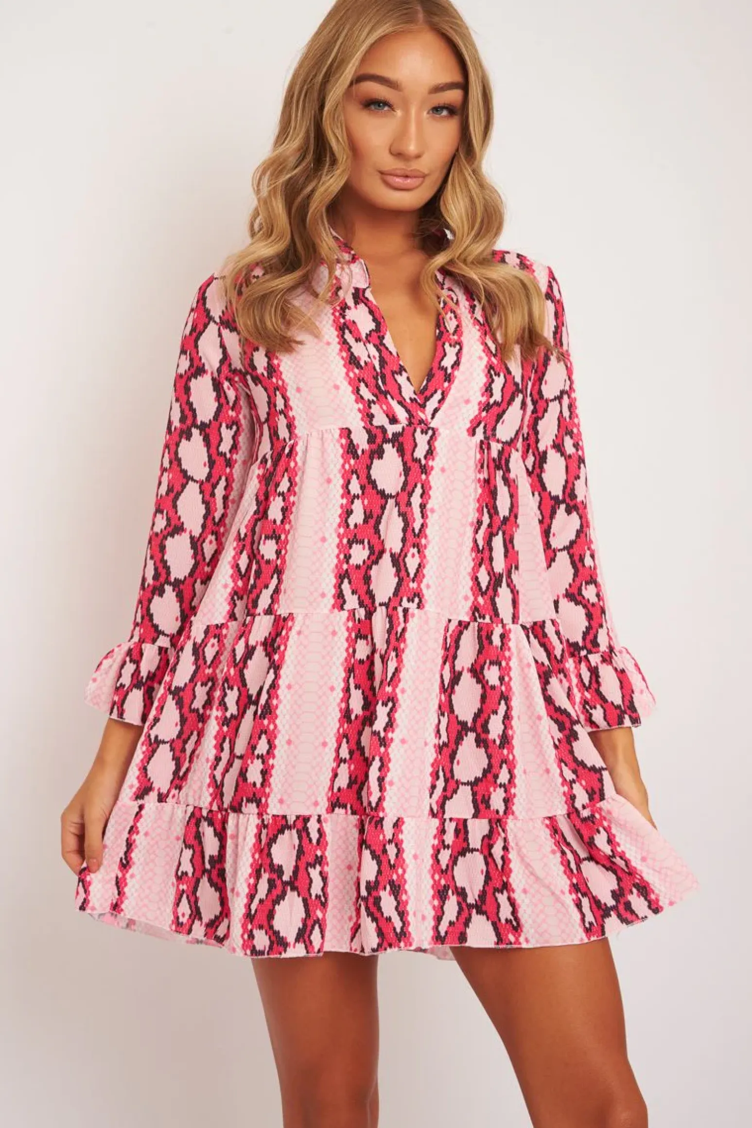Rebellious Fashion Pink Snake Plunge Tiered Detail Dress - Kaiya