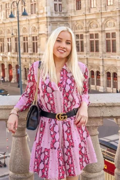 Rebellious Fashion Pink Snake Plunge Tiered Detail Dress - Kaiya