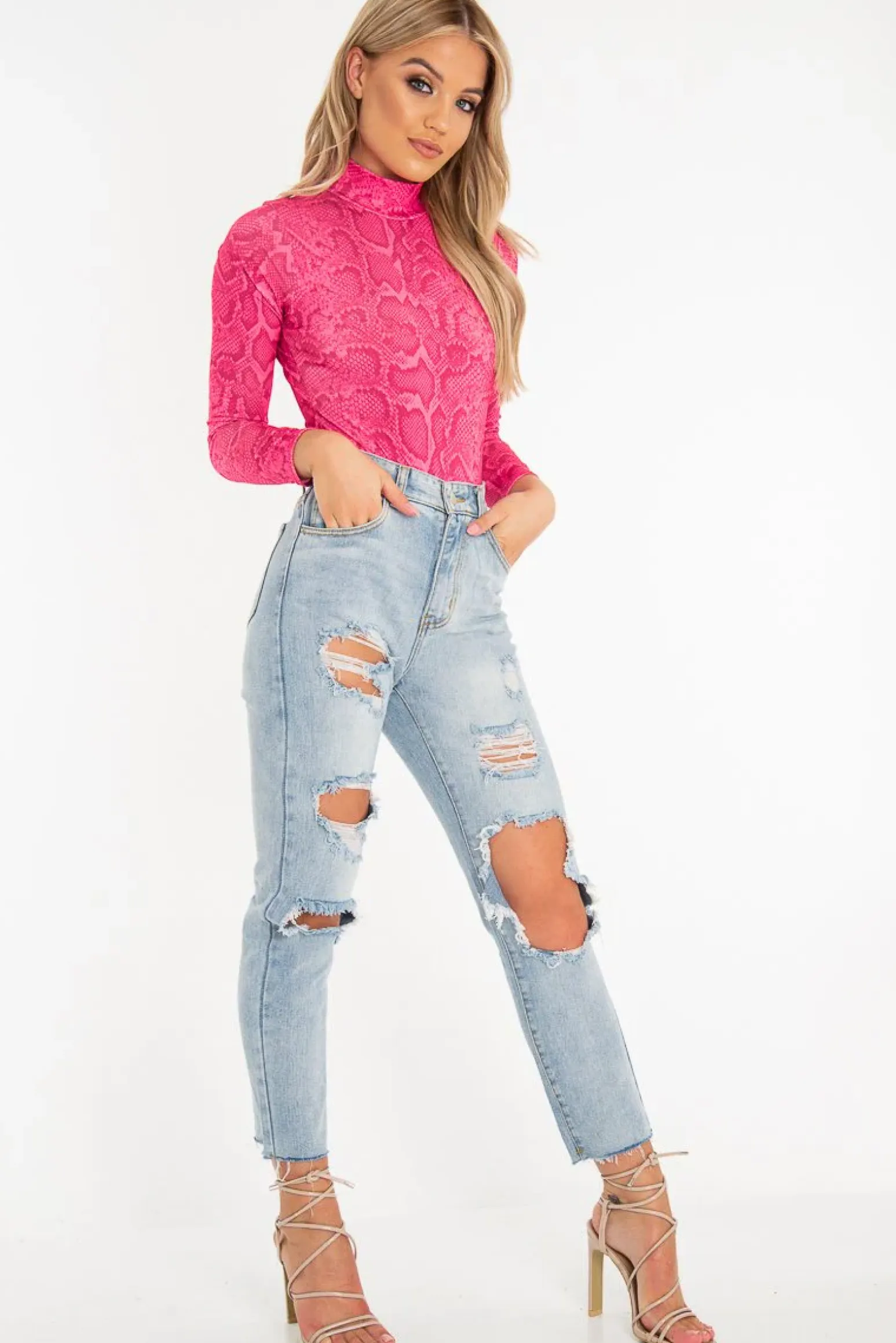 Rebellious Fashion Pink Snake Print High Neck Long Sleeve Bodysuit - Evanna