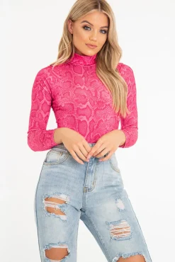 Rebellious Fashion Pink Snake Print High Neck Long Sleeve Bodysuit - Evanna