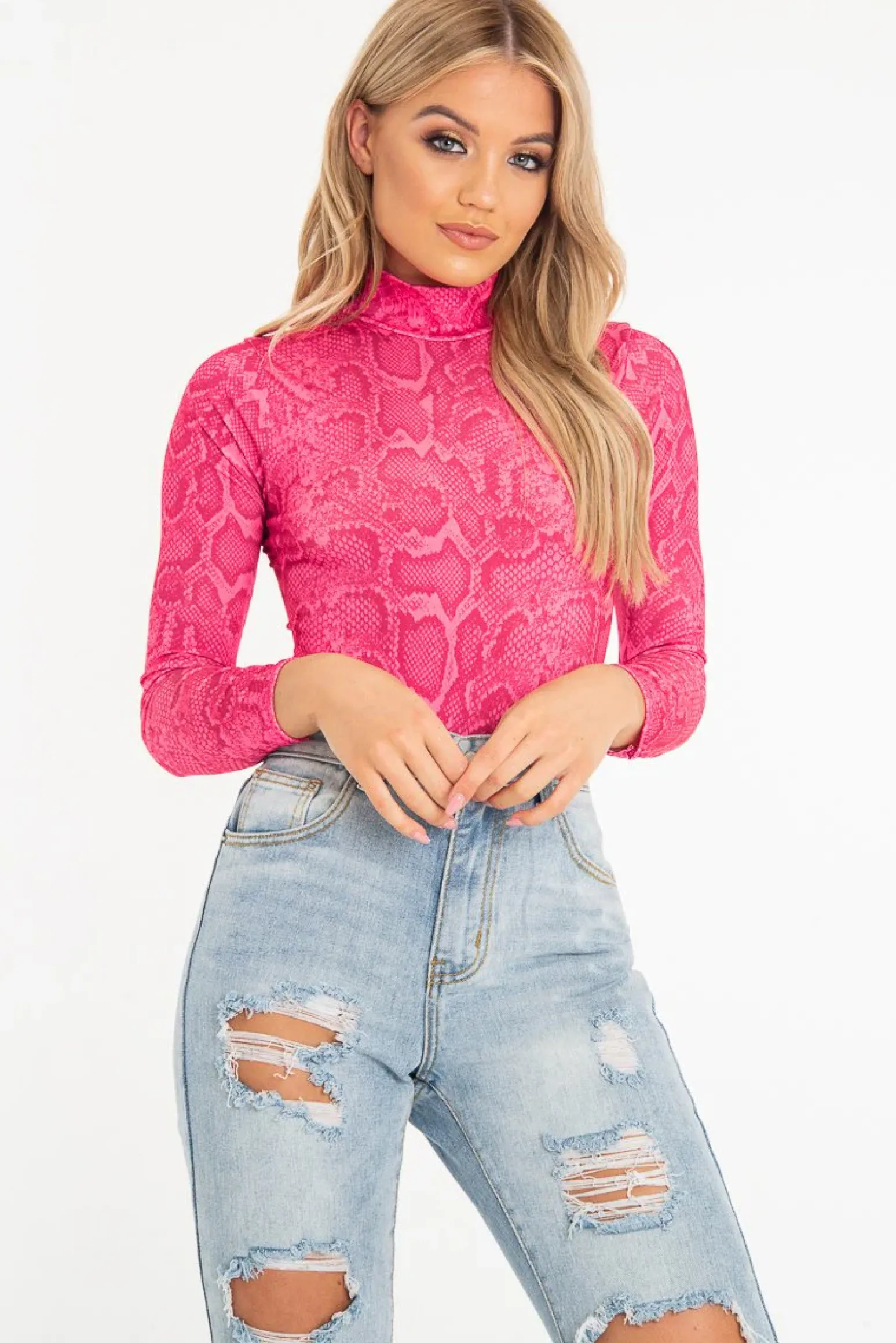Rebellious Fashion Pink Snake Print High Neck Long Sleeve Bodysuit - Evanna