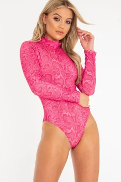 Rebellious Fashion Pink Snake Print High Neck Long Sleeve Bodysuit - Evanna
