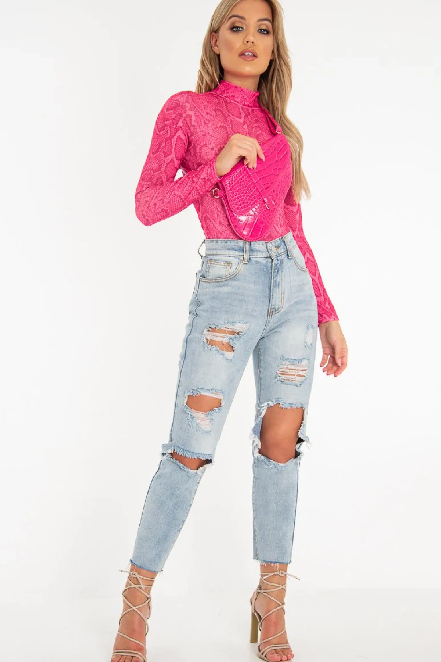 Rebellious Fashion Pink Snake Print High Neck Long Sleeve Bodysuit - Evanna