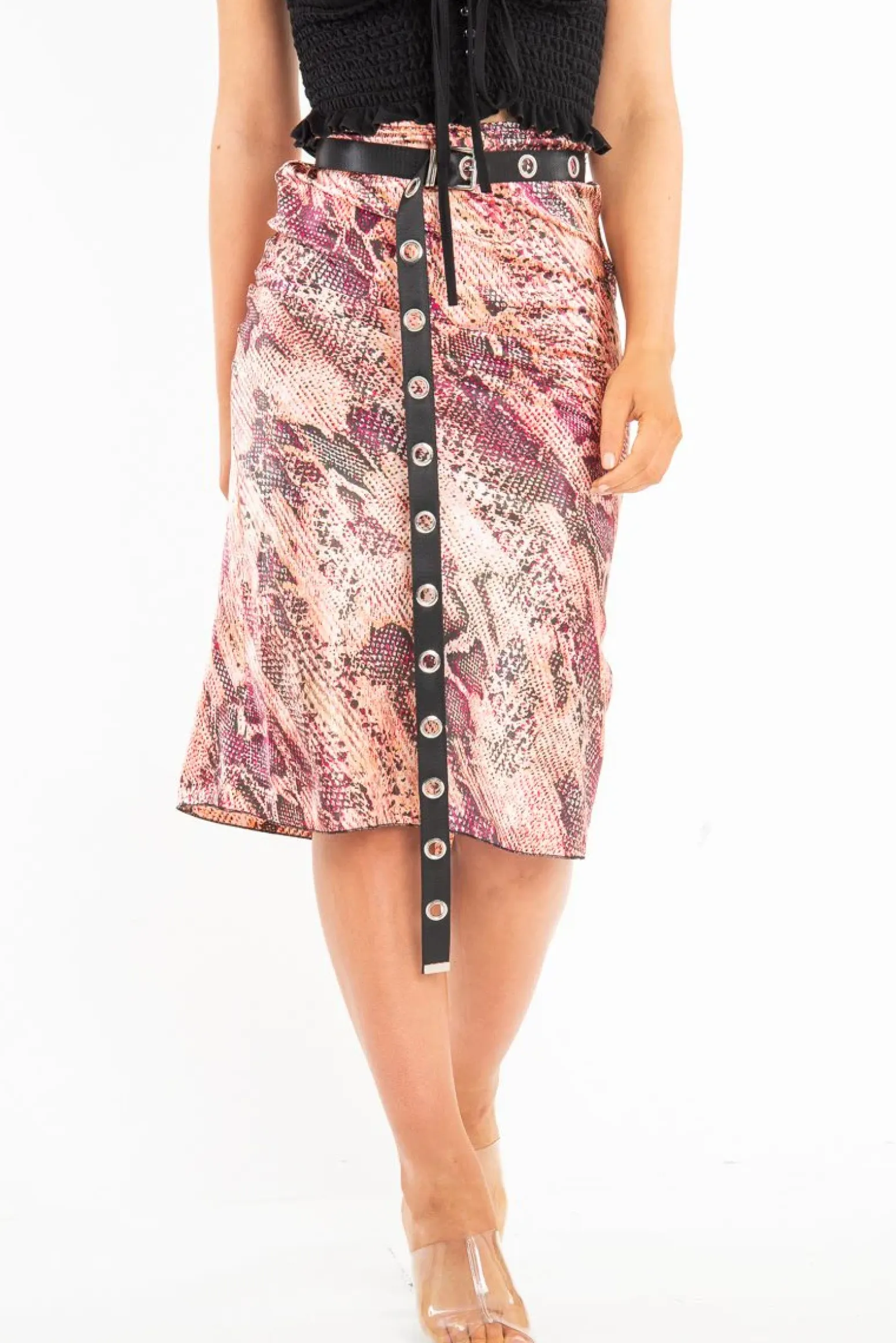 Rebellious Fashion Pink Snake Satin Midi Skirt - Klover