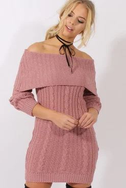 Rebellious Fashion Pink Sparkle Knit Bardot Jumper Dress - Kasey