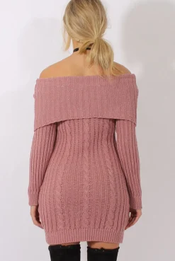 Rebellious Fashion Pink Sparkle Knit Bardot Jumper Dress - Kasey