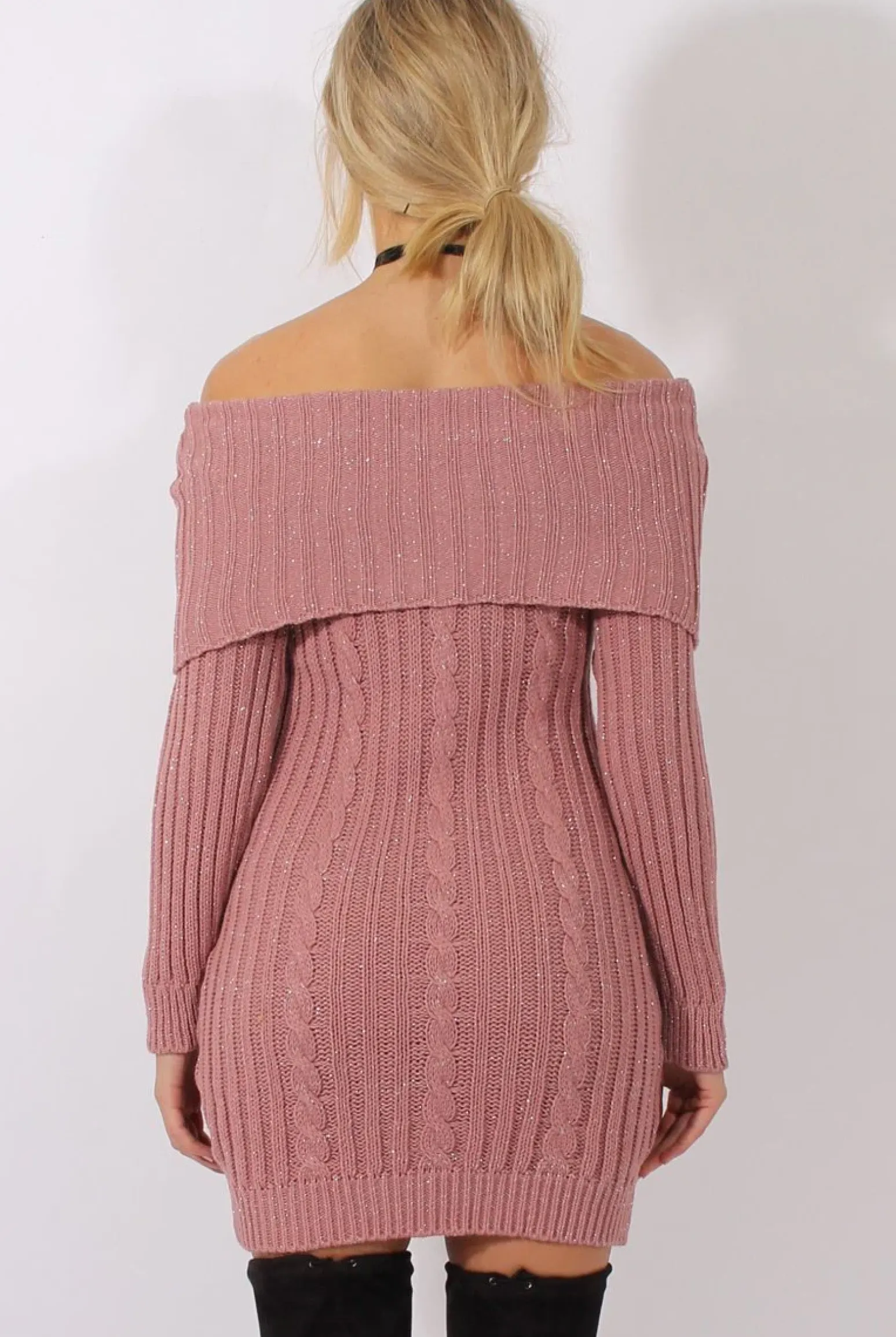 Rebellious Fashion Pink Sparkle Knit Bardot Jumper Dress - Kasey