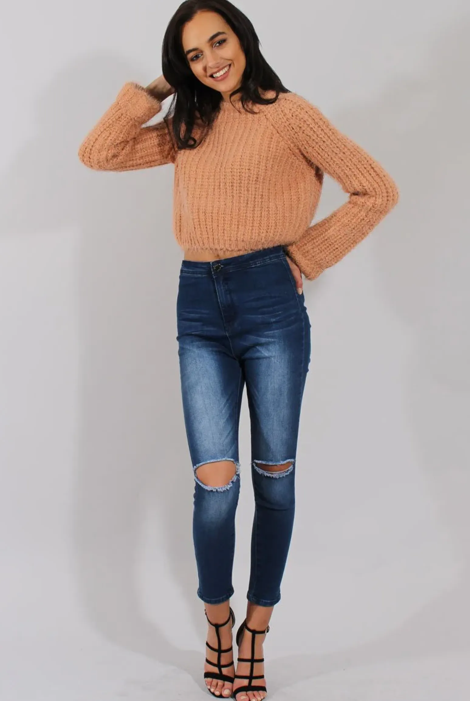 Rebellious Fashion Pink Split Back Cropped Fluffy Jumper - Laura