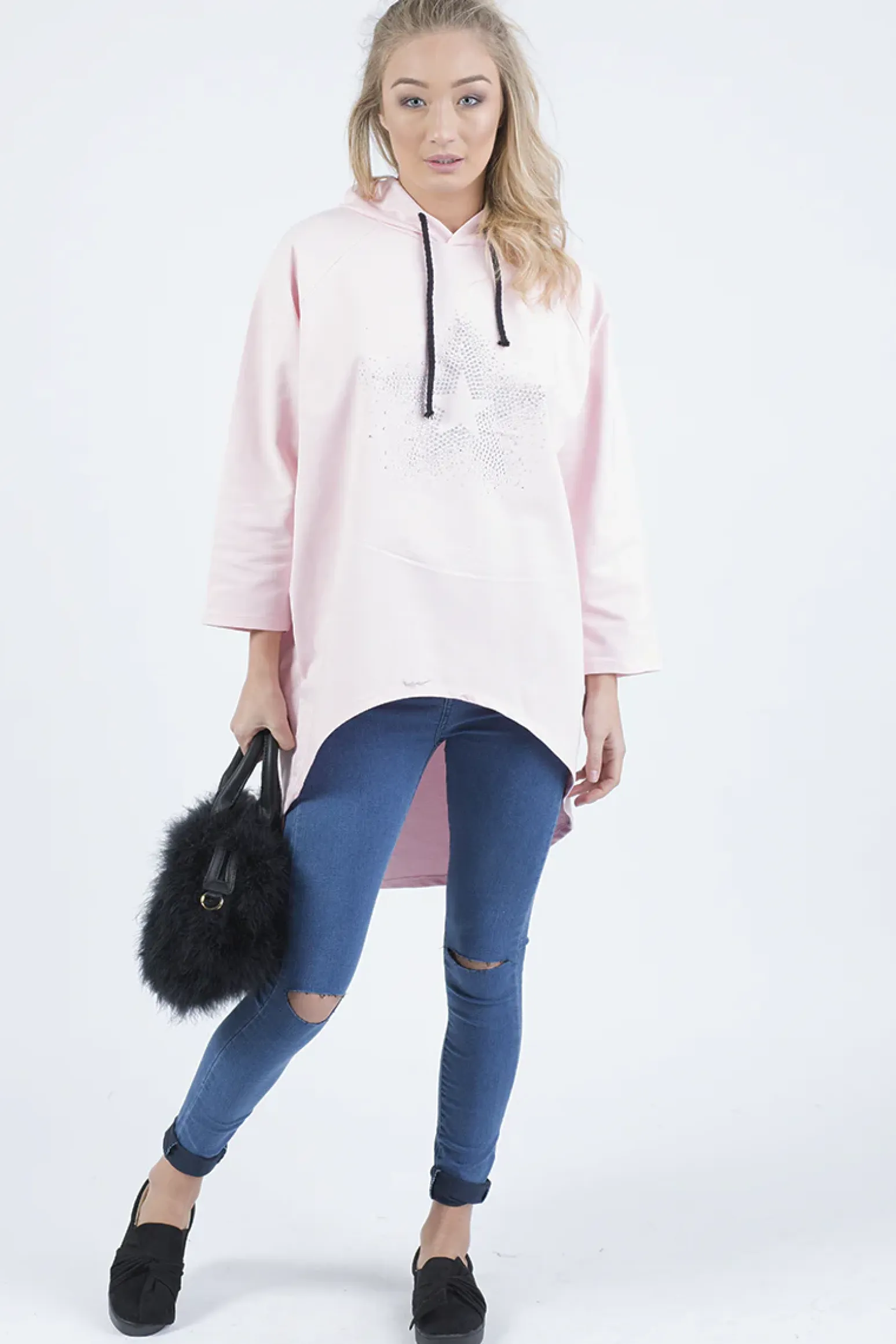 Rebellious Fashion Pink Star Diamante Oversized Hoodie - Sarah